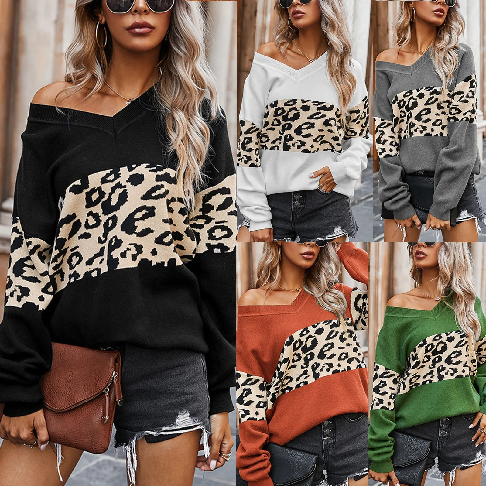 Women Leopard Patchwork Sweater V-neck Full Sleeve Jumper Fashion Autumn Winter Ladies Knitted Pullovers Top Khaki Brown
Women Leopard Patchwork Sweater V-neck Full Sleeve Jumper Fashion Autumn Winter Ladies Knitted Pullovers Top Khaki Brown