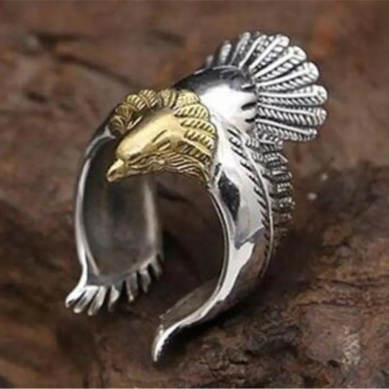 

925 Silver Unique Big Rings Vivid Golden Eagle Head Open Ring for Men Rock Punk Animal Jewelry Rings Circle