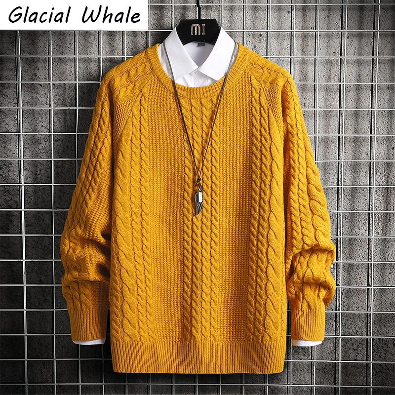 

GlacialWhale Mens Knitted Sweater Men 2021 Winter Solid Sweaters Pullover Jumper Harajuku Korean Style Casual Yellow Sweater Men