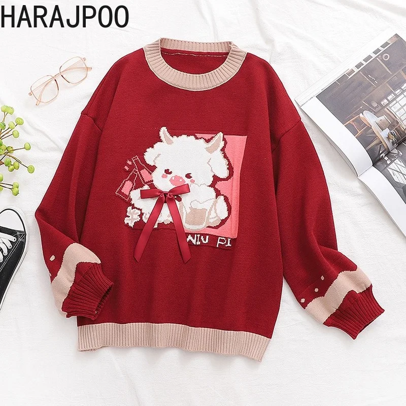 

Harajpoo Clothes Women Harajuku 2021 Fall Winter New Japanese Preppy Style Cute Animal Jacquard Tie O Neck Knitwear Sweater