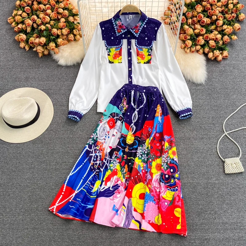 Женский дизайнерский костюм, рубашка с лацканами и длинная юбка, винтажный костюм с этническим принтом в стиле инди, весна-осень 
Женский дизайнерский костюм, рубашка с лацканами и длинная юбка, винтажный костюм с этническим принтом в стиле инди, весна-осень