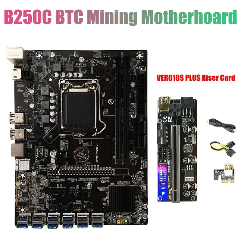 B250C BTC Mining Motherboard+VER010S PLUS Riser with Light 12XPCIE to USB3.0 GPU Slot LGA1151 Support DDR4 RAM 
B250C BTC Mining Motherboard+VER010S PLUS Riser with Light 12XPCIE to USB3.0 GPU Slot LGA1151 Support DDR4 RAM