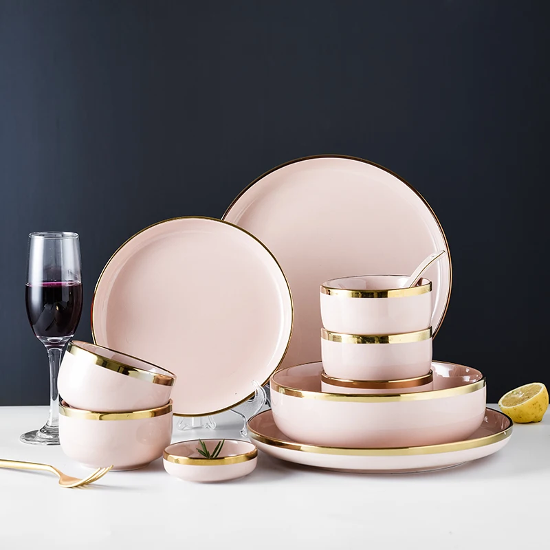 Pink Ceramic Dinner Plate Dishes Golden Rim Porcelain Plates for Food Dinnerware Set Salad Noodles Bowl for Kitchen Restaurant
Pink Ceramic Dinner Plate Dishes Golden Rim Porcelain Plates for Food Dinnerware Set Salad Noodles Bowl for Kitchen Restaurant