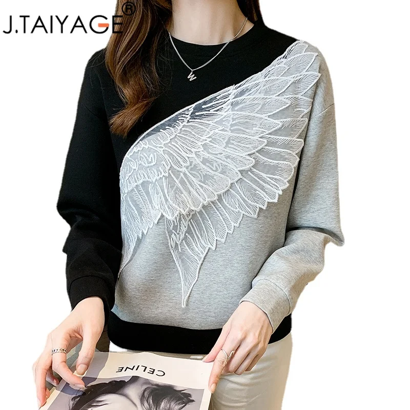 

J.TAIYAGE Chic Wing Embroidery Women Sweatshirts Long Sleeve O Neck Cotton Pullover Casual Classic Cozy Top Crewneck Sweatshirt