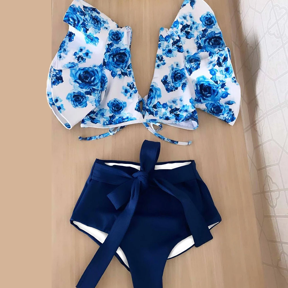 

2021 New Sexy High Waist Ruffled Bikini Set Flounce Swimwear Women Swimsuit Floral Strappy Beachwear V-neck Bathing Suit biquini