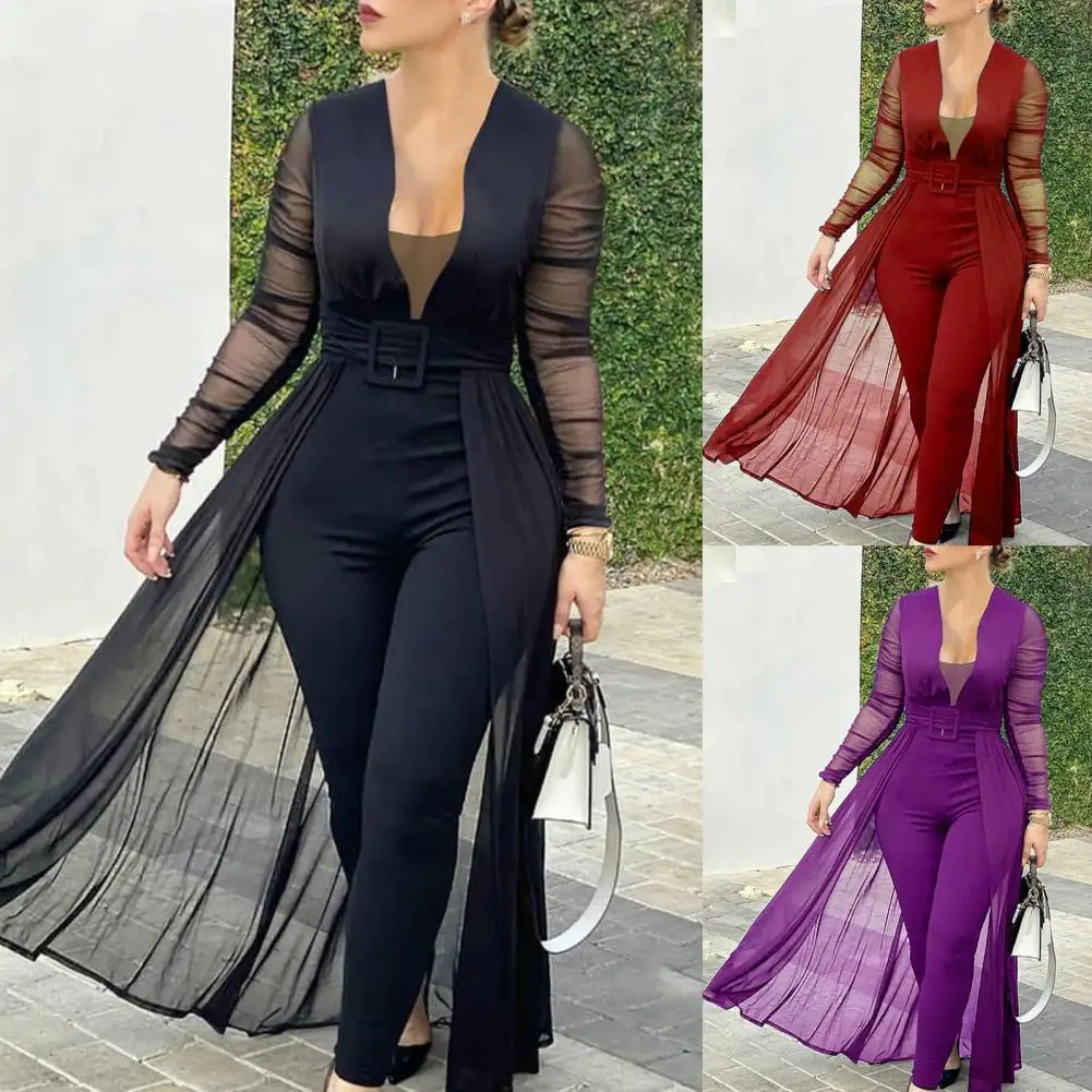 Jumpsuit Solid Color Skinny Playsuit Women Long Sleeve Sheer Patchwork Waist Tight Belt Slim Overall for Party Streetwear
Jumpsuit Solid Color Skinny Playsuit Women Long Sleeve Sheer Patchwork Waist Tight Belt Slim Overall for Party Streetwear