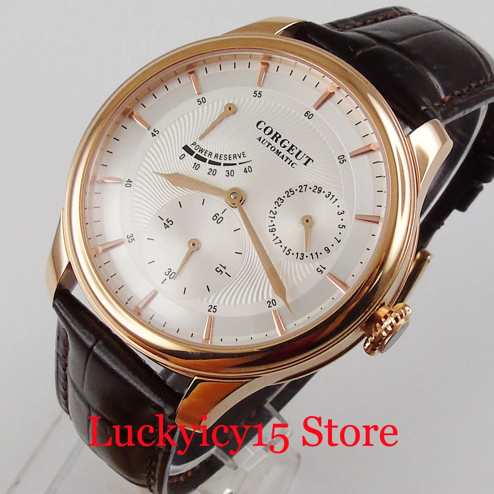 Classic Rose Gold Coated Men Automatic Men Wristwatch White Dial Leather Band Power Reserve Date Indicator
Classic Rose Gold Coated Men Automatic Men Wristwatch White Dial Leather Band Power Reserve Date Indicator