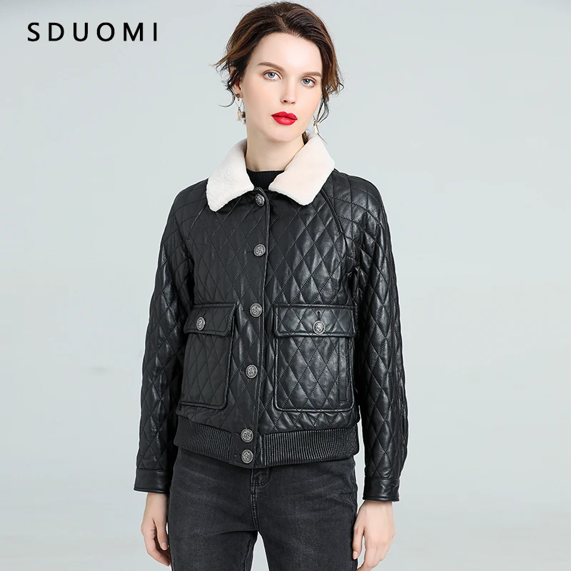 Женская однобортная куртка из натуральной овечьей кожи, с мехом, WY177 
Женская однобортная куртка из натуральной овечьей кожи, с мехом, WY177