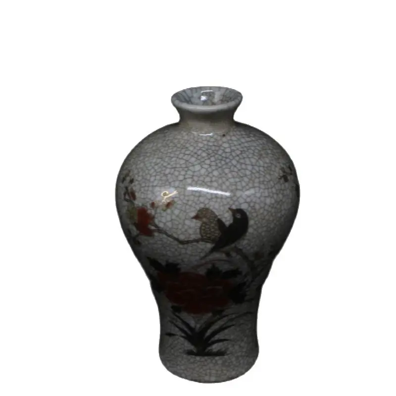 

Chinese Old Porcelain Cracked Glaze Painting Golden Peony Flowers And Birds Vase