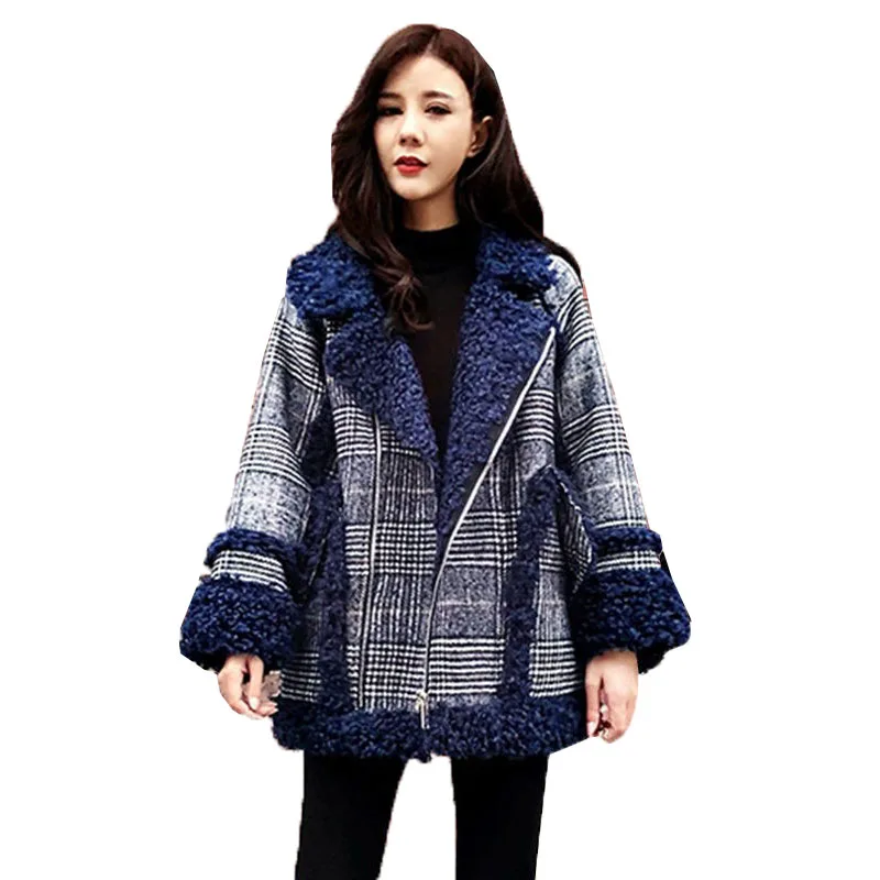 

Fashion Women's Woolen Coat Lamb Wool Splicing Blended Woolen Lattice Coats Ladies Autumn Winter Keep Warm Hairy Coat Outwear
