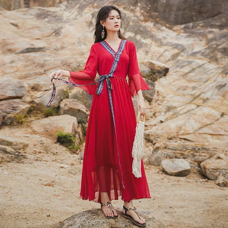 #3905 Summer Red Vintage Dress For Women Short Sleevess Chiffon Beach Dress V Neck High Waisted Retro A-line Dresses Ladies 
#3905 Summer Red Vintage Dress For Women Short Sleevess Chiffon Beach Dress V Neck High Waisted Retro A-line Dresses Ladies