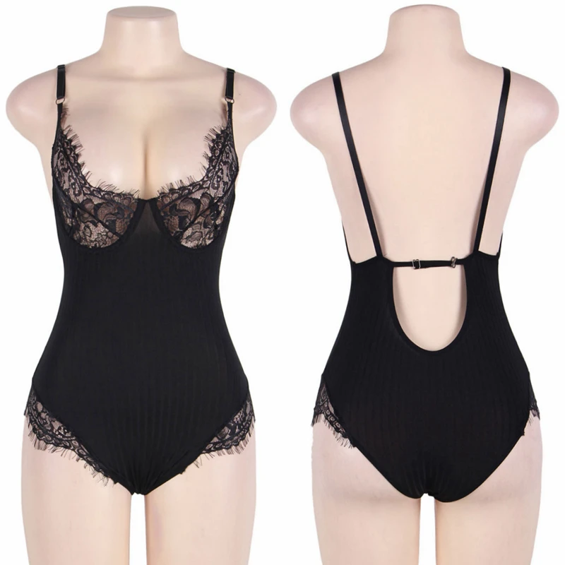 Bodysuits for Women Sexy Lace Patchwork Body Femme V Neck Strappy Backless Combinaison sexy Plus Size Black Jumpsuit RW80505