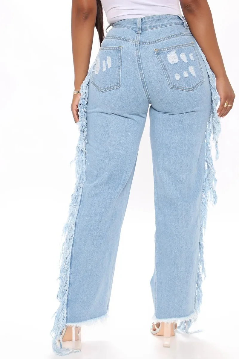 2021 European and American new style tassel pierced jeans hot drill jeans light color women's straight pants
2021 European and American new style tassel pierced jeans hot drill jeans light color women's straight pants
