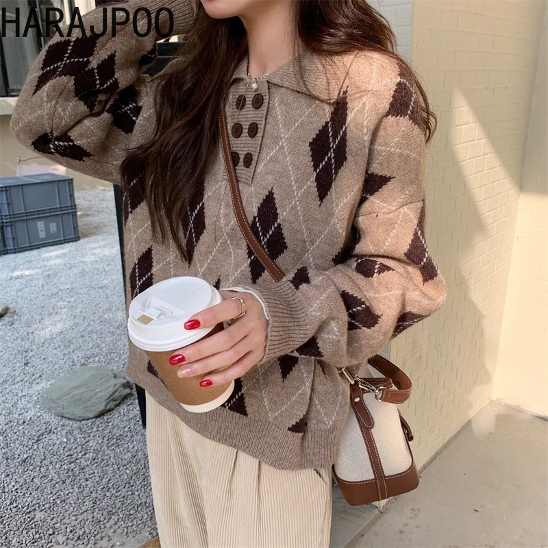 Harajpoo Pullover Female Lapel Argyle Print Knit Sweater Women Autumn Winter 2021 New Loose Lazy Fashion Oaf Harajuku Clothing
Harajpoo Pullover Female Lapel Argyle Print Knit Sweater Women Autumn Winter 2021 New Loose Lazy Fashion Oaf Harajuku Clothing