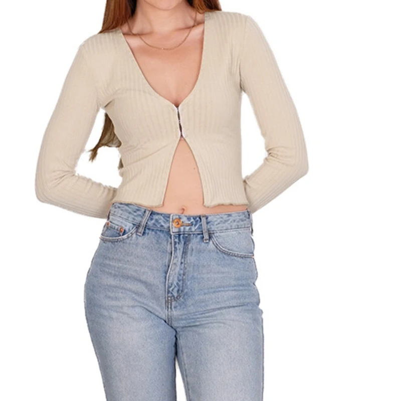 Sexy Deep V-Neck Cardigan Ribbed Striped Solid Slim Jacket Women Long Sleeve Front Split Hook Buckle Autumn Cropped Outwear Coat
Sexy Deep V-Neck Cardigan Ribbed Striped Solid Slim Jacket Women Long Sleeve Front Split Hook Buckle Autumn Cropped Outwear Coat