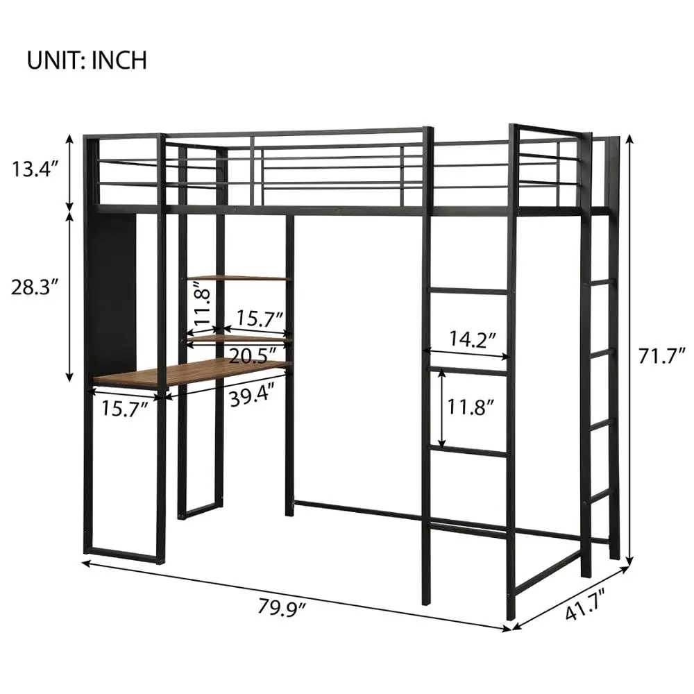 Twin Size Metal Loft bed with Desk and Shelves,Platform Bed Mattress Foundation For Home School Dorms,Black,2-8 Days Delivery
Twin Size Metal Loft bed with Desk and Shelves,Platform Bed Mattress Foundation For Home School Dorms,Black,2-8 Days Delivery
