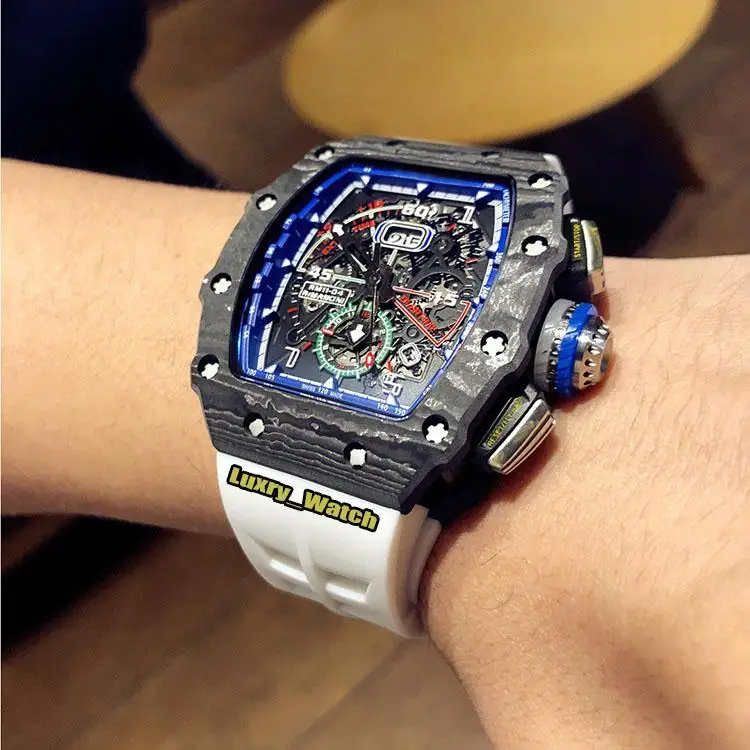 

New NTPT Carbon Fiber Big Date Skeleton Miyota Automatic Mechanical Mens Blue Black Watch Rubber Strap Designer Sport Watches