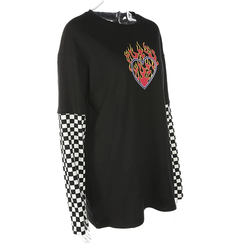 Women Plaid Patchwork Long Sleeve Flaming Heart Print Sweatshirt New Autumn Black Checkboard Pullover Hoodies