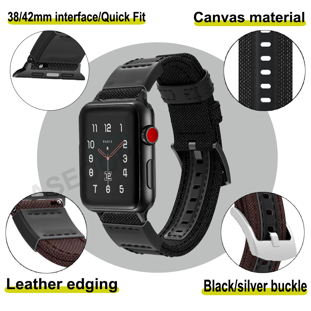 Ремешок нейлоновый кожаный для Apple Watch Band 40 44 мм 42 38 тканый брезентовый браслет