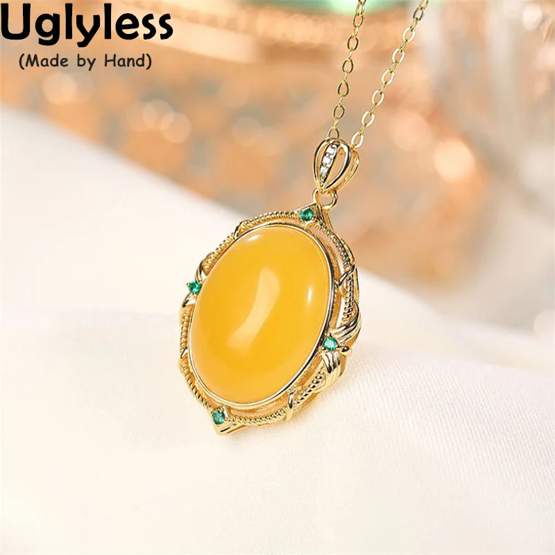

Uglyless Simple Fashion Blank Amber beeswax Necklaces for Women Gold Hollow Gemstones Pendants Crystals 925 Silver Jewel NOChain