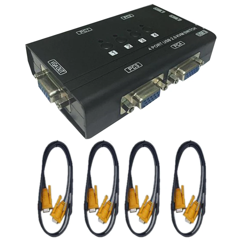 USB VGA KVM Switch with 4 Cables, 4 Port Selector Switcher for 4PC Sharing One Video Monitor and 3 USB Devices
USB VGA KVM Switch with 4 Cables, 4 Port Selector Switcher for 4PC Sharing One Video Monitor and 3 USB Devices