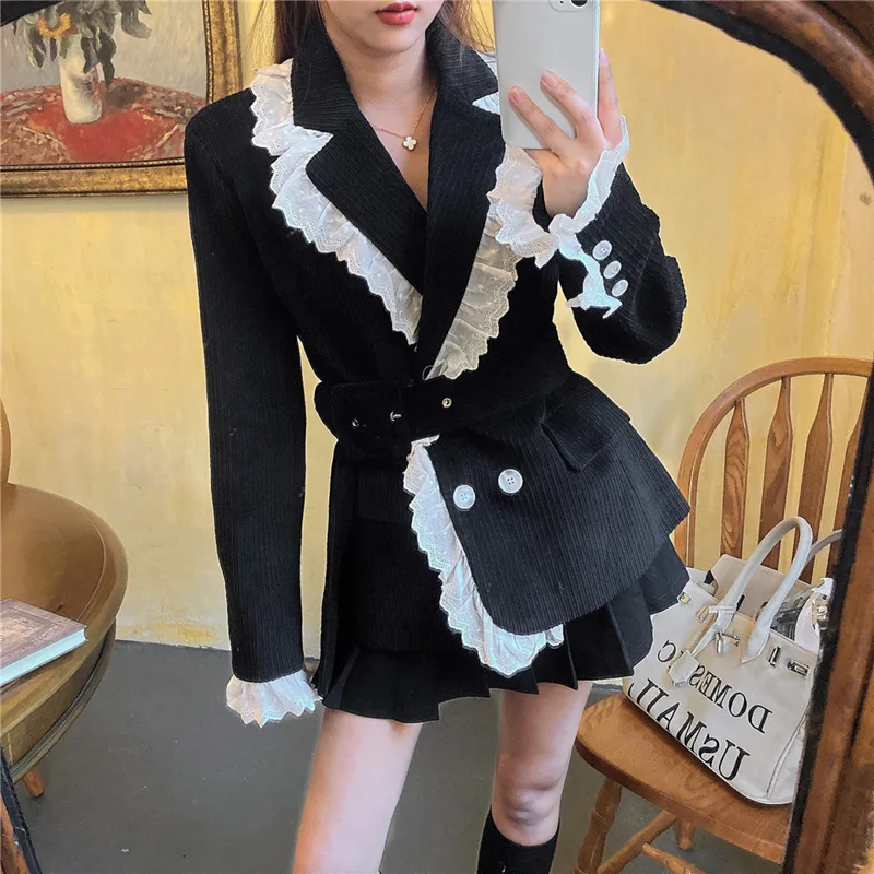 Korean Retro Ruffle Spliced Blazer Jacket Coat Women Double Breasted Black Corduroy Outwear Office Lady Stylish OL Chic Overcoat
Korean Retro Ruffle Spliced Blazer Jacket Coat Women Double Breasted Black Corduroy Outwear Office Lady Stylish OL Chic Overcoat