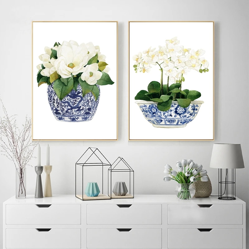 White Orchid & Magnolia Watercolor Chinoiserie Decor Canvas Print Oriental Vase Blue White Willow Style Porcelain Flower Jar
White Orchid & Magnolia Watercolor Chinoiserie Decor Canvas Print Oriental Vase Blue White Willow Style Porcelain Flower Jar