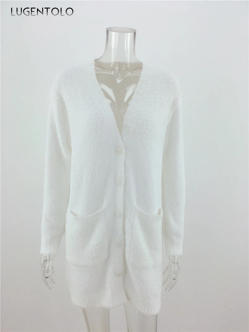 Lugentolo Autumn Women Knitted Sweater Cardigan White Solid Color Large Pocket Sweater Lady Long-Sleeved Casual Thin Sweater
Lugentolo Autumn Women Knitted Sweater Cardigan White Solid Color Large Pocket Sweater Lady Long-Sleeved Casual Thin Sweater