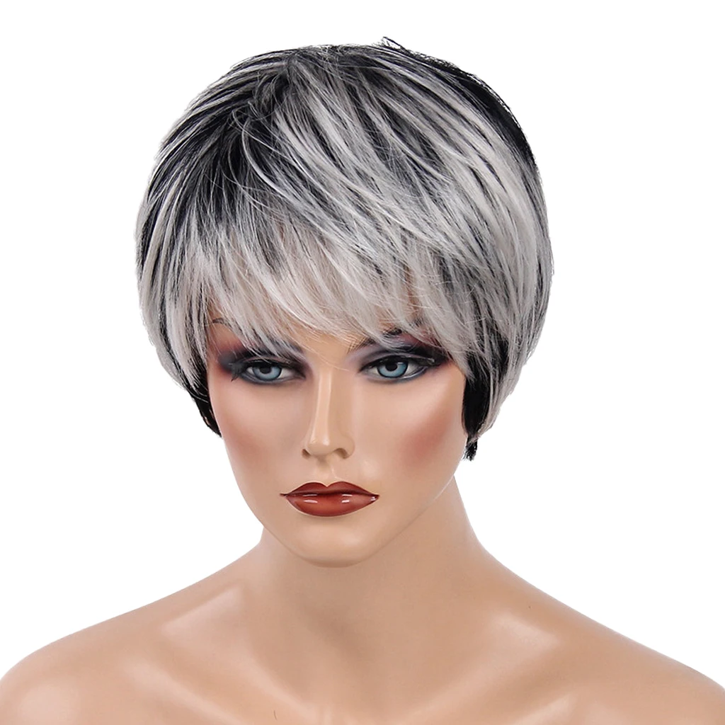 

Women Human Hair Wig 10 inch, Short Black Blend White Layered Oblique Fringe Hairpieces Heat OK