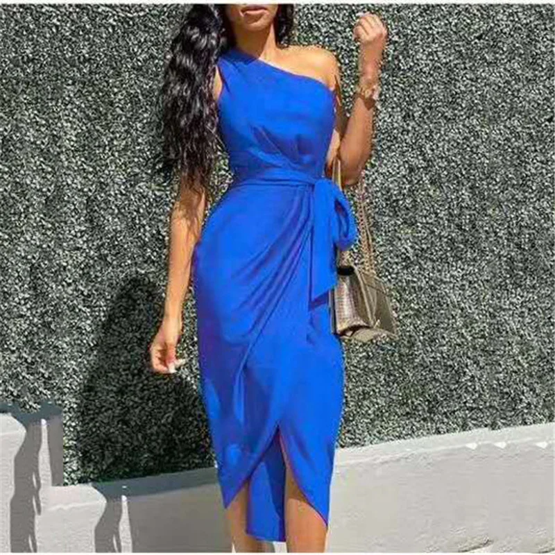 Women's Dress 2021 New European And American Slim Temperament Elegant Pink Blue Oblique Shoulder Lrregular Waistband Dress N815
Women's Dress 2021 New European And American Slim Temperament Elegant Pink Blue Oblique Shoulder Lrregular Waistband Dress N815