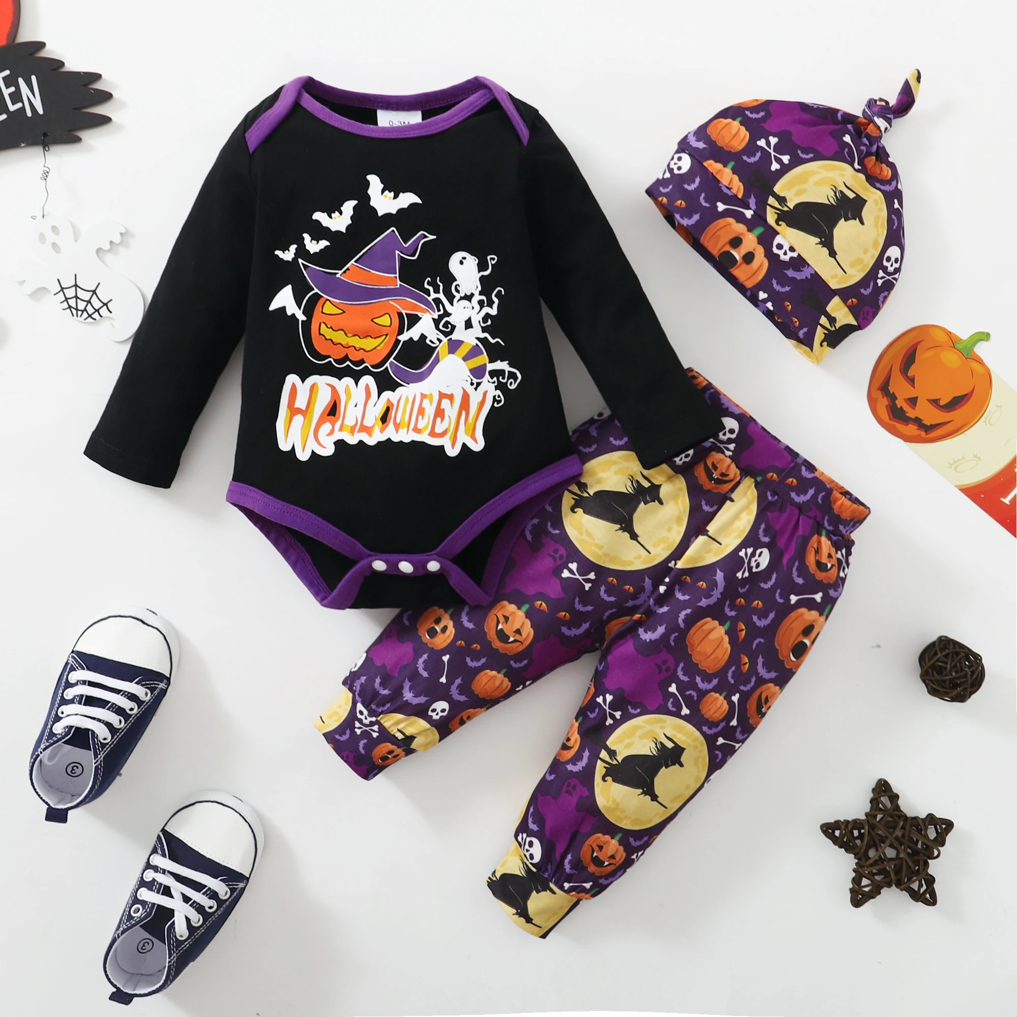 PatPat Baby 3pcs Halloween Letter Pumpkin and Wizard Print Long-sleeve Romper Set 
PatPat Baby 3pcs Halloween Letter Pumpkin and Wizard Print Long-sleeve Romper Set