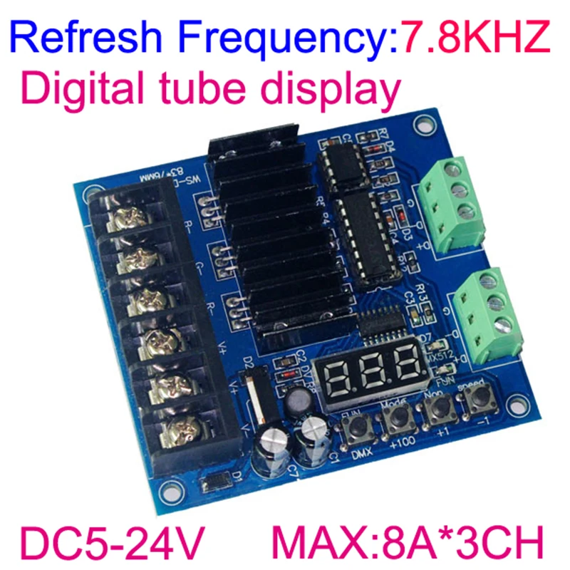 3CH led DMX512 decoder DC5V-24V 3CH*8A max DMX decoder DMX512 3P led controller Digital tube display 7.8KHZ Refresh frequency 
3CH led DMX512 decoder DC5V-24V 3CH*8A max DMX decoder DMX512 3P led controller Digital tube display 7.8KHZ Refresh frequency