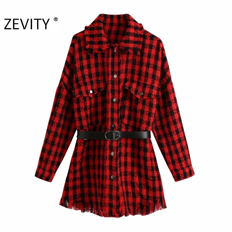 ZEVITY women vintage plaid print sashes tweed woolen shirt coat femme long sleeve pocket hem tassel chic jacket brand tops CT592 
ZEVITY women vintage plaid print sashes tweed woolen shirt coat femme long sleeve pocket hem tassel chic jacket brand tops CT592