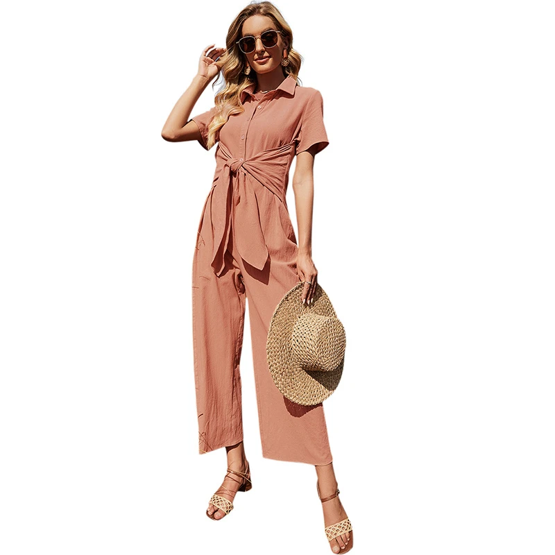 Cute Tie Front Cotton Button Up Wide Leg One Piece Jumpsuit for Women Elegant Ladies 2021 Summer Fashion Short Sleeve Coveralls 
Cute Tie Front Cotton Button Up Wide Leg One Piece Jumpsuit for Women Elegant Ladies 2021 Summer Fashion Short Sleeve Coveralls