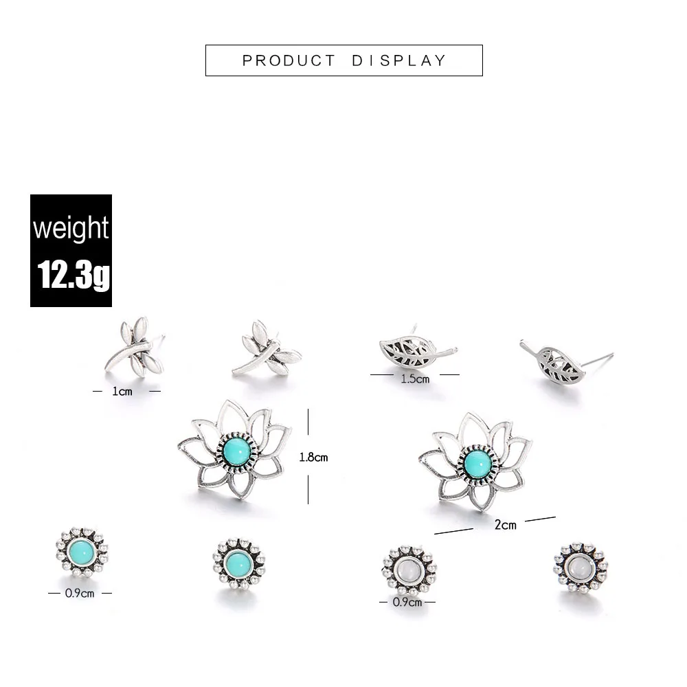 

Summer European and American style dragonfly leaf combination set micro-inlaid turquoise 5 pairs of earrings female accessories