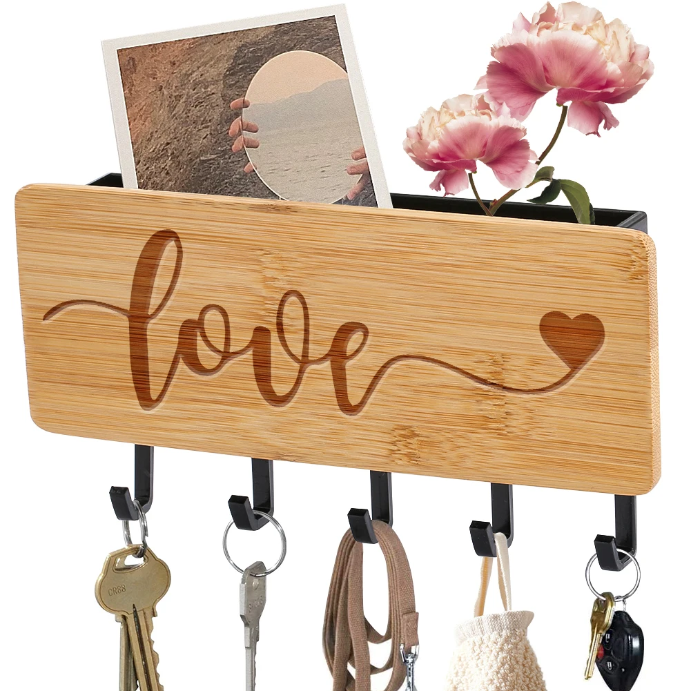 

Bamboo Wood Key Hanger Love Word Pattern Multifunctional Black White Storage Hook ключница на стену для дома House Family