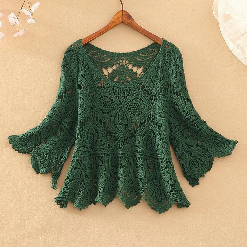Small coat female crochet hollow five-point sleeve top sweater o neck knitted pullover
Small coat female crochet hollow five-point sleeve top sweater o neck knitted pullover