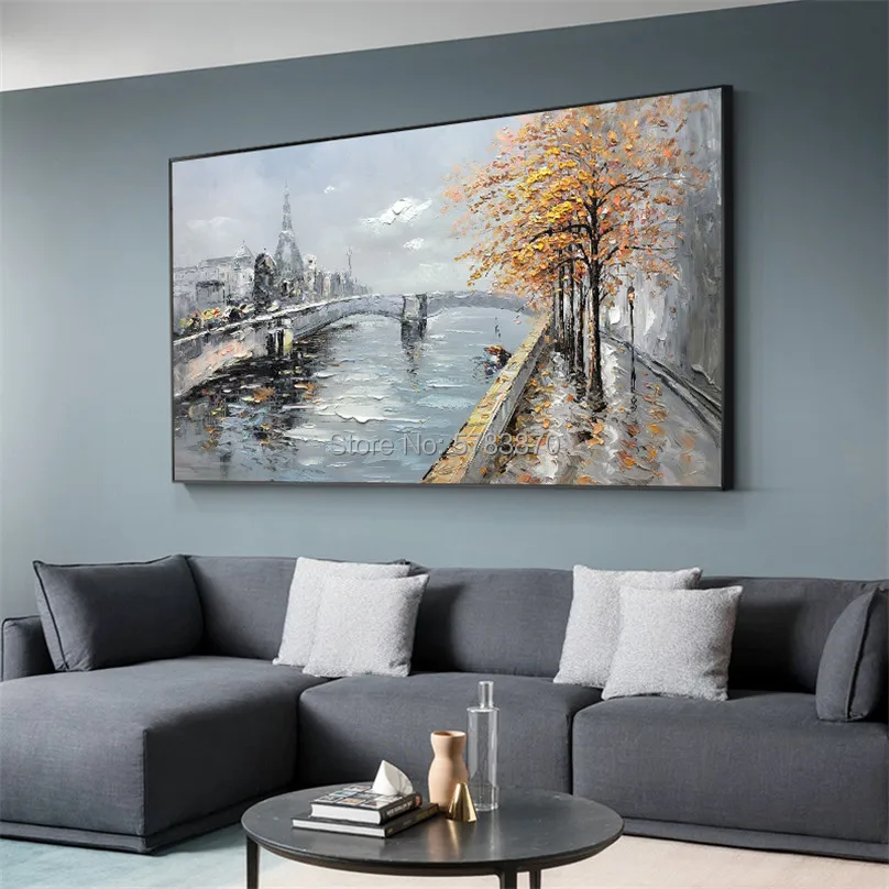 

Hand painted Living Room Wall painting The Seine river Landscape Paintings Paris Tower Bridge Art Pictures Canvas Artworks