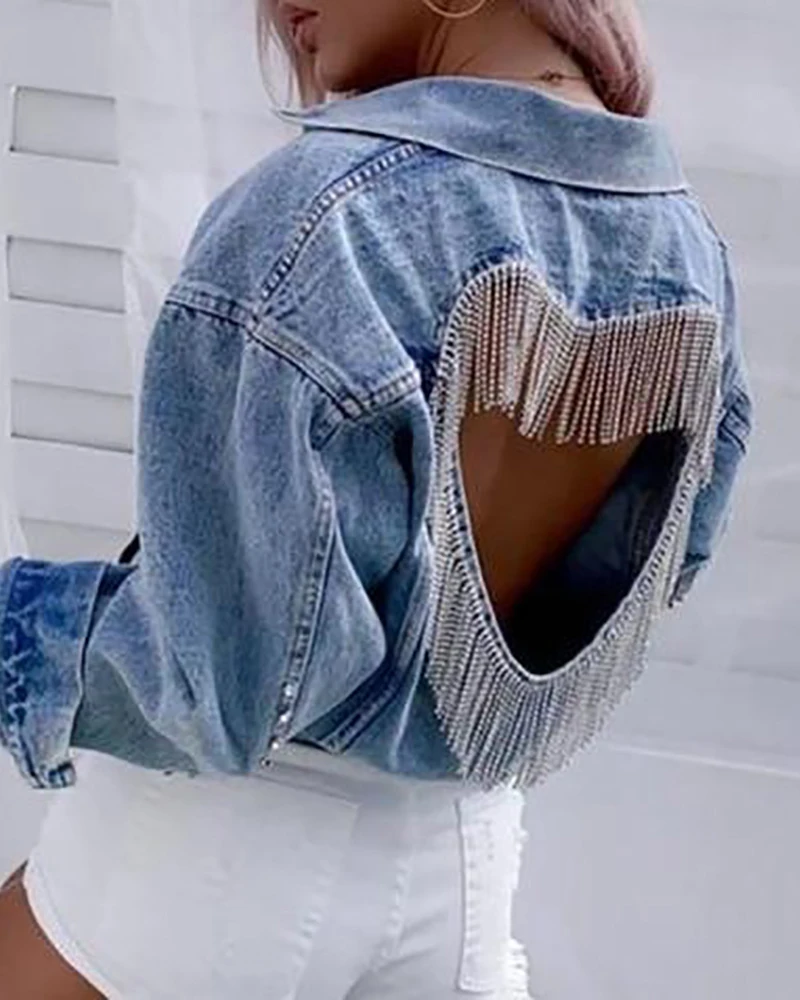 2022 Autumn Denim Jacket Female Light Blue Diamond Tassel Coat Single-Breasted Open Back Women Jeans Coat
2022 Autumn Denim Jacket Female Light Blue Diamond Tassel Coat Single-Breasted Open Back Women Jeans Coat