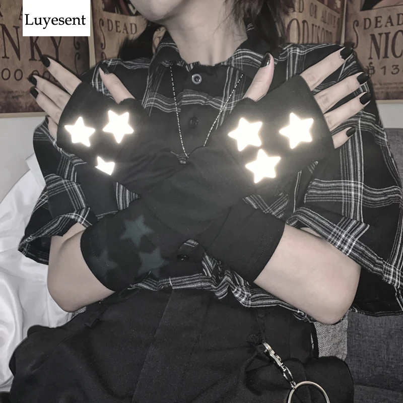 Punk Gothic Star Reflective Black Unisex Fingerless Gloves Cuff Women Men Ninja Cool Sport Outdoor Elbow Mittens Thin Arm Warmer |