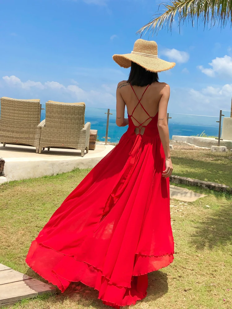 

Women Fashion Summer Long Braces Dress Sleeveless Low-Cut Show Chest V-neck Fairy Skirt Elegant Temperament Sexy Lady Slit Dress