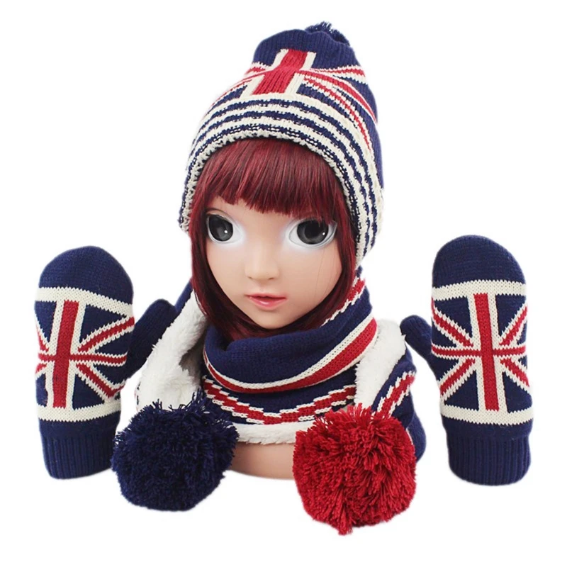 

Дети 3 шт. зимняя теплая шапочка длинный шарф перчатки комплект США Американский британский флаг, вязанные, с бубоном, череп Кепки