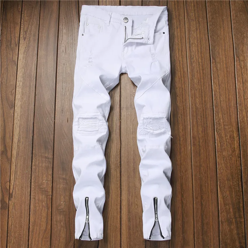 High Quality Men's Stretch White Jeans Broken Holes Skinny Slim Ripped Biker Denim Pants Fashion White Zipper Hem Jeans Trousers 
High Quality Men's Stretch White Jeans Broken Holes Skinny Slim Ripped Biker Denim Pants Fashion White Zipper Hem Jeans Trousers