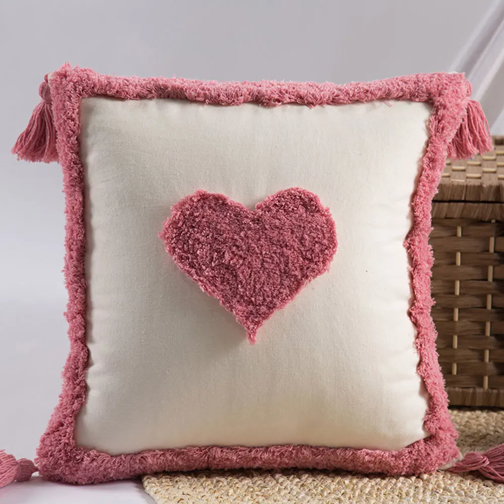 

Papa&Mima Pink Hearts 3D Quilted Cotton Linens Soft Square Knitted Cushion Covers Protective No Core for Sofa Chair Car