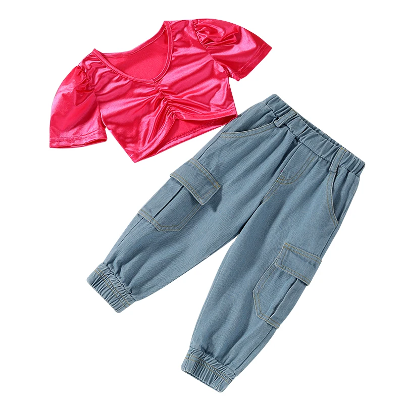 

2Pcs Summer Autumn Little Girls Outfit Solid Color Short Sleeve V-neck Ruched Short Tops + Pocket Long Ankle Banded Pants Sets
