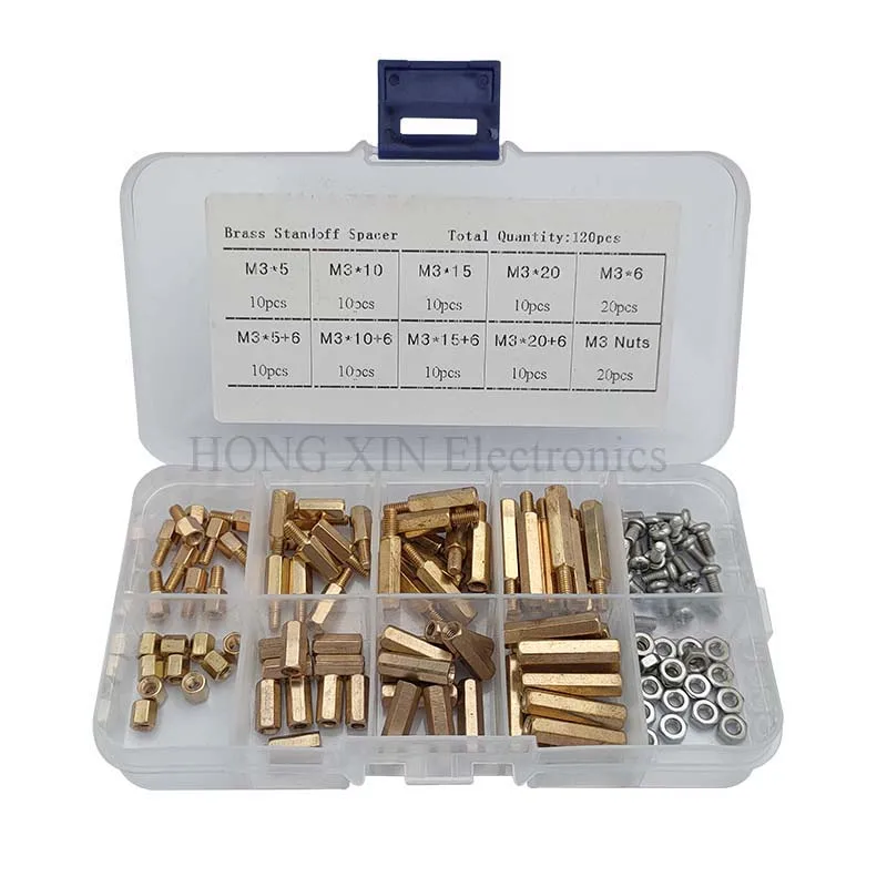 

120Pcs/M3 Brass Standoff PCB Threaded Female Spacer Board Hex Screws Nut Assortment Box kit set