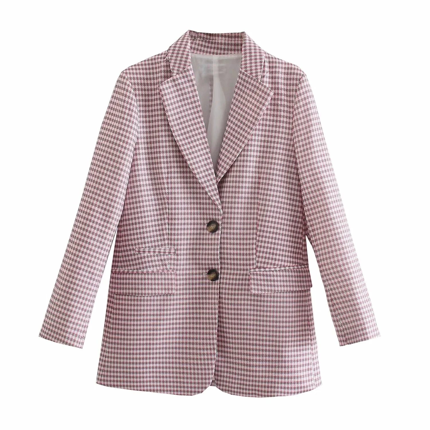 

Za Women's Blazers Two Piece Sets Jackets Suits Houndstooth Coats Long Sleeves Pink Pockets Plaid Outfit Workwear Office Ladies