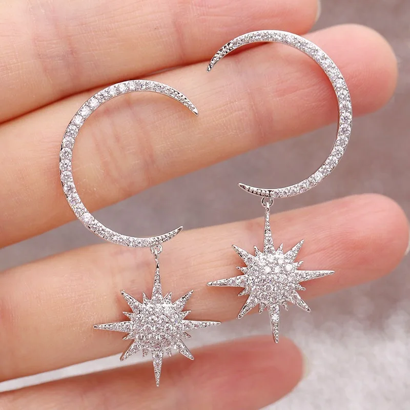 New Net Red Tide exaggerated C-shaped moon star earrings zircon micro-set S925 silver needle jewelry | Украшения и аксессуары