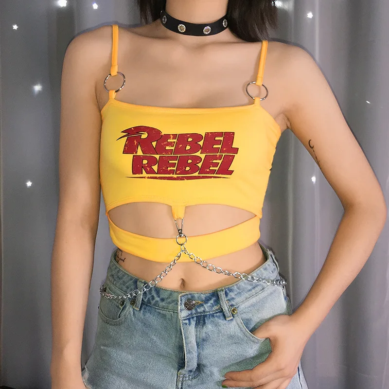 Fashion Goth Letter Print Metal Chain Yellow Camisole Clubwear Holiday Clothes 2021 Sexy Women's Tops Punk Hollow Out Crop Top
Fashion Goth Letter Print Metal Chain Yellow Camisole Clubwear Holiday Clothes 2021 Sexy Women's Tops Punk Hollow Out Crop Top