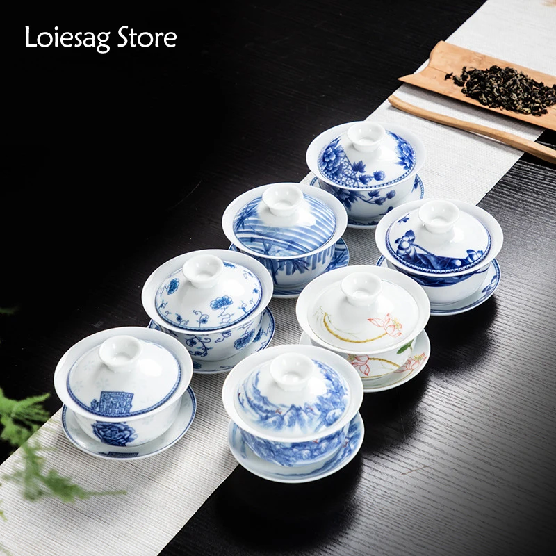 

Loiesag 180 мл, сине-белая фарфоровая чаша с крышкой, чайная чаша санкai, высокотемпературный чайный сервиз Кунг-фу, Gaiwan, чайная чашка Tieguanyin